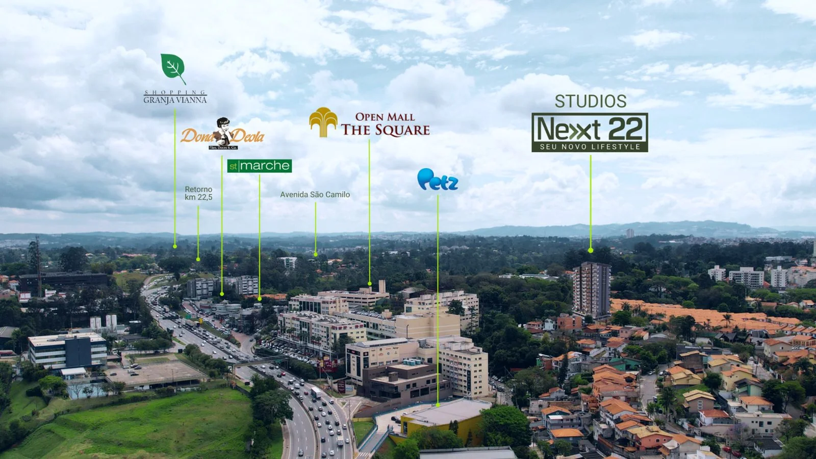 Vista aérea de Granja Viana com o Next 22, o Open Mall The Square e o entorno marcados